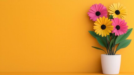 A photostock of a vibrant 3D flower arrangement with colorful petals and a cheerful orange background, exuding a lively and summery vibe. High Quality