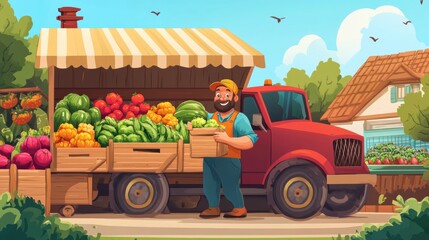 A cheerful farmer delivering fresh produce to a local store in a truck