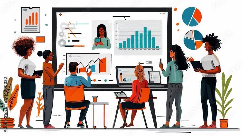Leinwandbilder This Team members discuss analytics and insights while reviewing data visualizations on a large screen.