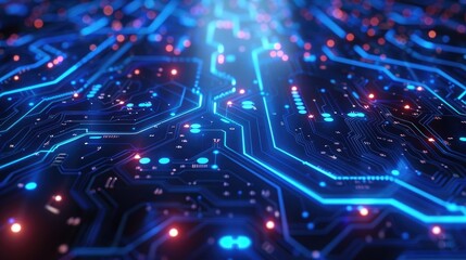 Fototapeta premium Neon blue circuit lines on a dark abstract background