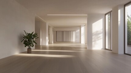 A large, empty room with a potted plant in the center. The room is very clean and has a minimalist design