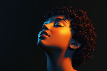 Woman with short curly hair illuminated by warm light
