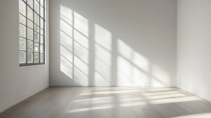 Obraz premium A large empty room with a window and a white wall. The room is very bright and empty, with no furniture or decorations. The sunlight coming through the window casts a warm glow on the walls and floor