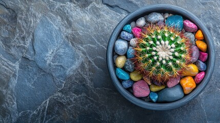 Vibrant cactus with colorful stones in a planter and empty space for branding