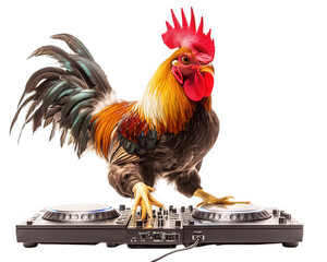 rooster DJing at farm rave, showcasing vibrant colors and lively energy. This unique scene captures fun and excitement of party atmosphere