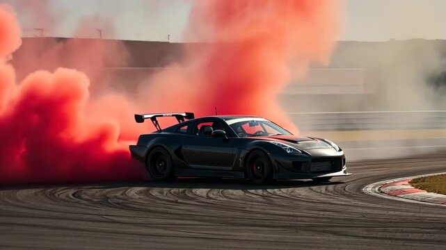 Car, drifting and smoke on race track for automotive competition, speed and motorsport. Performance, vehicle and automobile with tire for sports, driving or racing at challenge