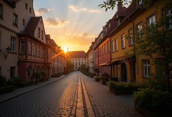 Obraz premium Sunset over cobblestone street with colorful houses