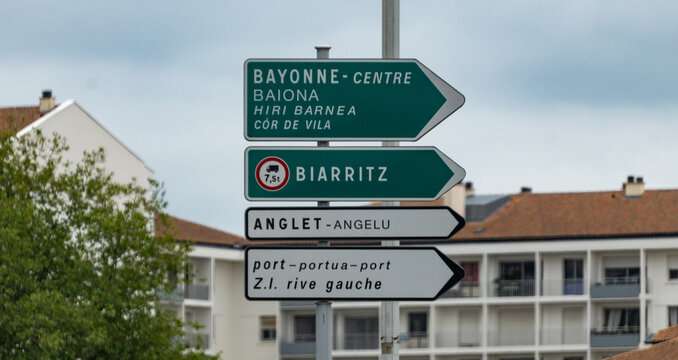 Road signs and directions, driving car in summer on French road, tourists destinations French cities and villages, different types or roads in France, transportation and traffic problems