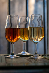 Sherry wine tasting, fino, olorosso, amontillado, cream jerez sherry fortified wine made from palomino white grape in bogedas in Jerez de la Frontera, Cadiz, Andalusia, Spain