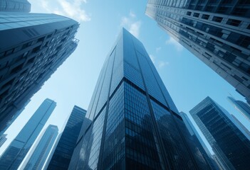 Fototapeta premium Modern skyscrapers in city skyline under clear blue sky