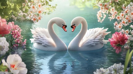 Romantic 3D Cartoon Swans Swimming in Heart Shape