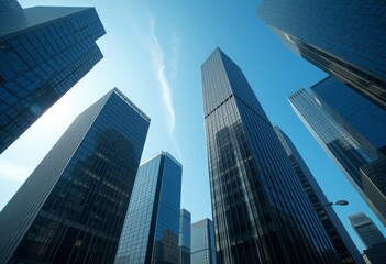 Obraz premium Modern skyscrapers in city skyline under clear blue sky