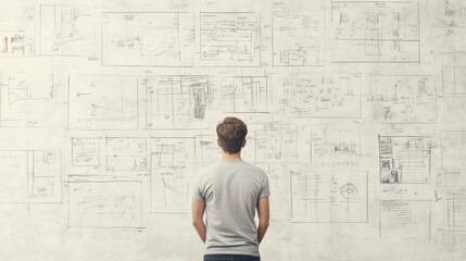 Man facing wall covered in sketches, diagrams, and charts, contemplating ideas and solutions.