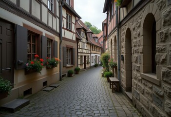 Fototapeta premium Alley with timber-framed houses and blooming flowers