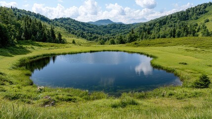 Fototapeta premium Scenic circular mountain lake nestled in a lush green alpine valley under a blue sky with clouds.