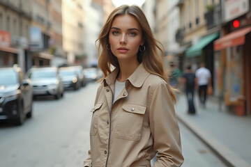 Fototapeta premium Fashionable young lady in beige in the city street.