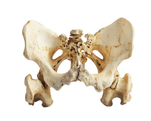 Human pelvis bone isolated on transparency background, showcasing its intricate structure and natural textures. This anatomical piece is essential for understanding human skeletal anatomy