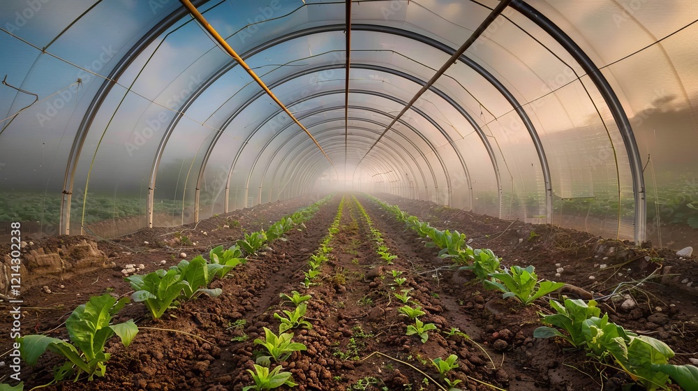Poster spacious modern greenhouse featuring rectangular columns and rows of fresh lettuce and vegetables