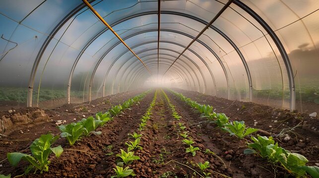 Spacious modern greenhouse featuring rectangular columns and rows of fresh lettuce and vegetables