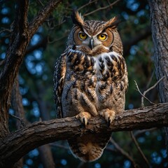 Obraz premium great horned owl on branch.A majestic owl perched on a branch with a dark, blurred background, showcasing its sharp eyes and intricate feathers.