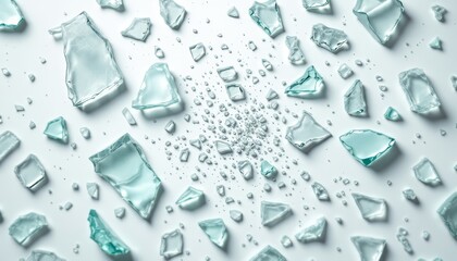 Scattered fragments of transparent glass shards on a clean white background creating an abstract texture