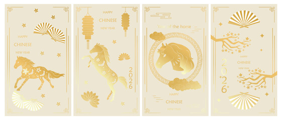 Big Chinese traditional New Year backgrounds with horse flowers pattern, clouds, lanterns, fan, Chinese ornaments and vintage golden oriental Chinese border frames. Vertical vector posters