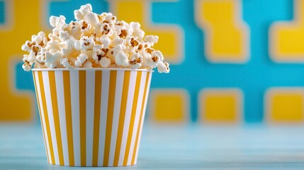 A photostock of popcorn spilling from a striped bucket on a colorful, playful background, symbolizing fun and movie entertainment. High Quality