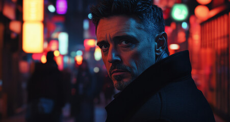 Fototapeta premium A middle-aged man with short dark hair stands in an urban alley during nighttime. Neon lights cast a colorful glow, and blurred figures move in the background, creating a vibrant atmosphere.
