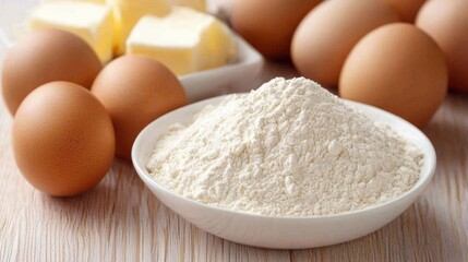 Baking essentials: flour, eggs, and butter on a kitchen countertop