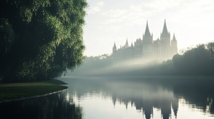 Misty morning view of a majestic castle reflected in a calm lake, surrounded by lush greenery.