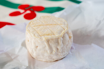 Cheese collection, soft sheeps milk brebis French cheese with mold produced on cheese farm in Basque Country in France