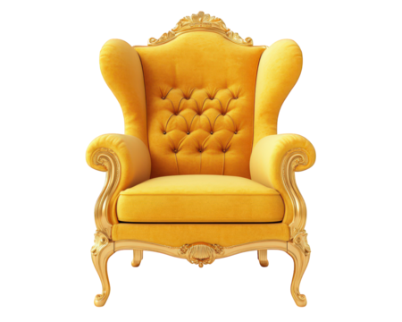 Luxurious yellow high back chair with tufted upholstery and ornate wooden frame, perfect for elegant interiors and hotel lobbies