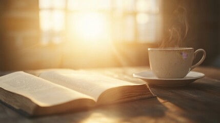 Open book and steaming cup on wooden table, sunlit window background.