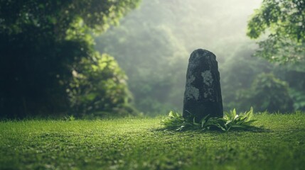 Mystical stone monument in lush green forest, sunlight.
