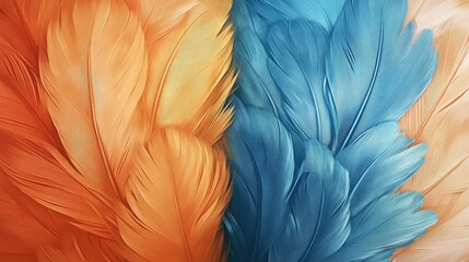 Fototapeta premium Bright orange and blue feathers arranged side by side, highlighting their contrasting hues and soft texture