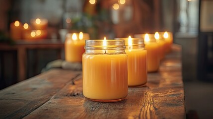 Bright orange candles glowing in transparent glass jars, placed in a row on a rustic table, warm atmosphere