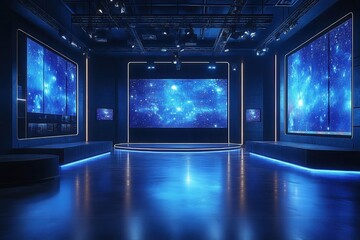 Futuristic interior design with blue digital screens.