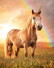 Obraz premium Unicorn grazing in a rainbow meadow at sunset a dreamy landscape
