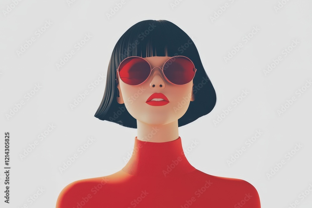 Sticker Stylish Woman Red Turtleneck Sunglasses Bob