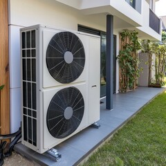 A modern outdoor air conditioning unit is installed beside a sleek building, surrounded by greenery and a concrete pathway.