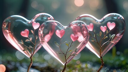 Beautiful Pink Blooms in Trio of Glass Heart Sculptures.Glossy pink heart shape on a soft...