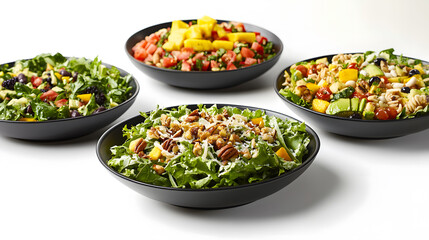 Assortment of fresh and healthy salads served in black bowls.