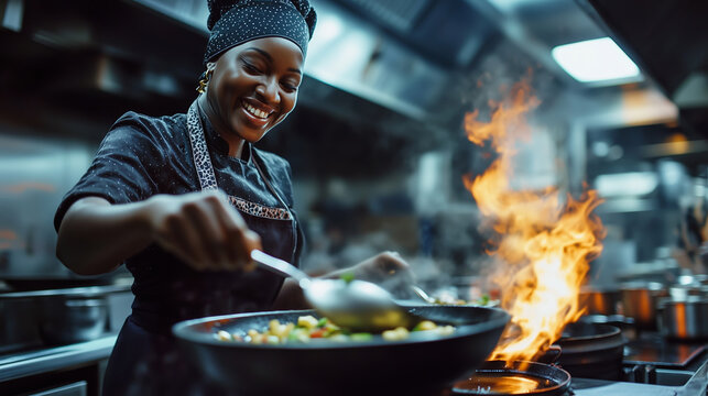 A black woman chef stirs a colorful vegetable dish in a busy kitchen with flames. Female African-American chef cooking vegetables in a lively restaurant kitchen filled with fire flames.