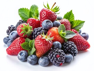 Obraz premium Fresh Summer Berries: Strawberries, Raspberries, Blueberries, and Blackberries Isolated on White