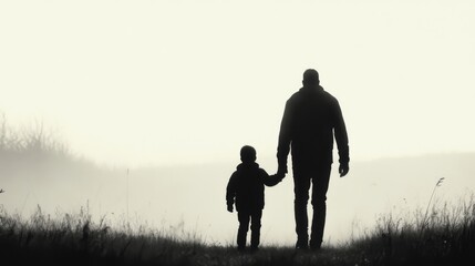 Silhouette of father and son walking hand-in-hand in foggy field.