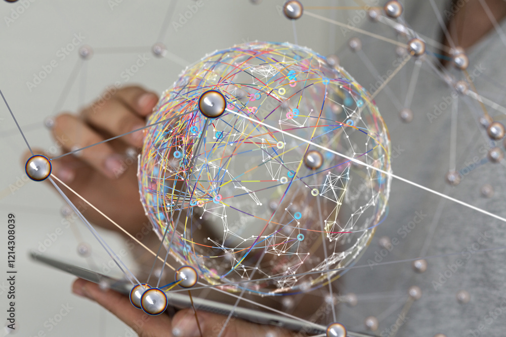 Fototapete Global network. Blockchain. 3D illustration. Neural networks and artificial intelligence. Abstract