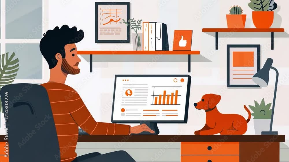 Poster A person sits at a desk, engaged with a computer displaying colorful graphs and data. A dog sits nearby, adding warmth to the modern home office filled with plants.