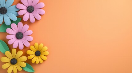 Naklejka premium A photostock of vibrant 3D flowers in colorful pastel hues, arranged in a cheerful pattern on a warm peach background, evoking a springtime vibe. High Quality