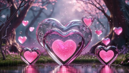 Beautiful Pink Blooms in Trio of Glass Heart Sculptures.Glossy pink heart shape on a soft Gradient,Symbolizing love and affection in a modern.Very most of the popular art,celevration for valantine day
