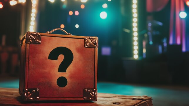 A magician's intriguing box is marked with a question mark during a show. Magician's mysterious box with a bold question mark at an evening show performance.